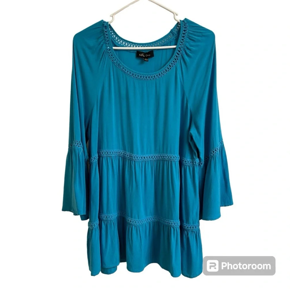 Melissa Paige Womens Lg Blue Bohemian Top Bell Sleeve Pullover Tiered Crochet